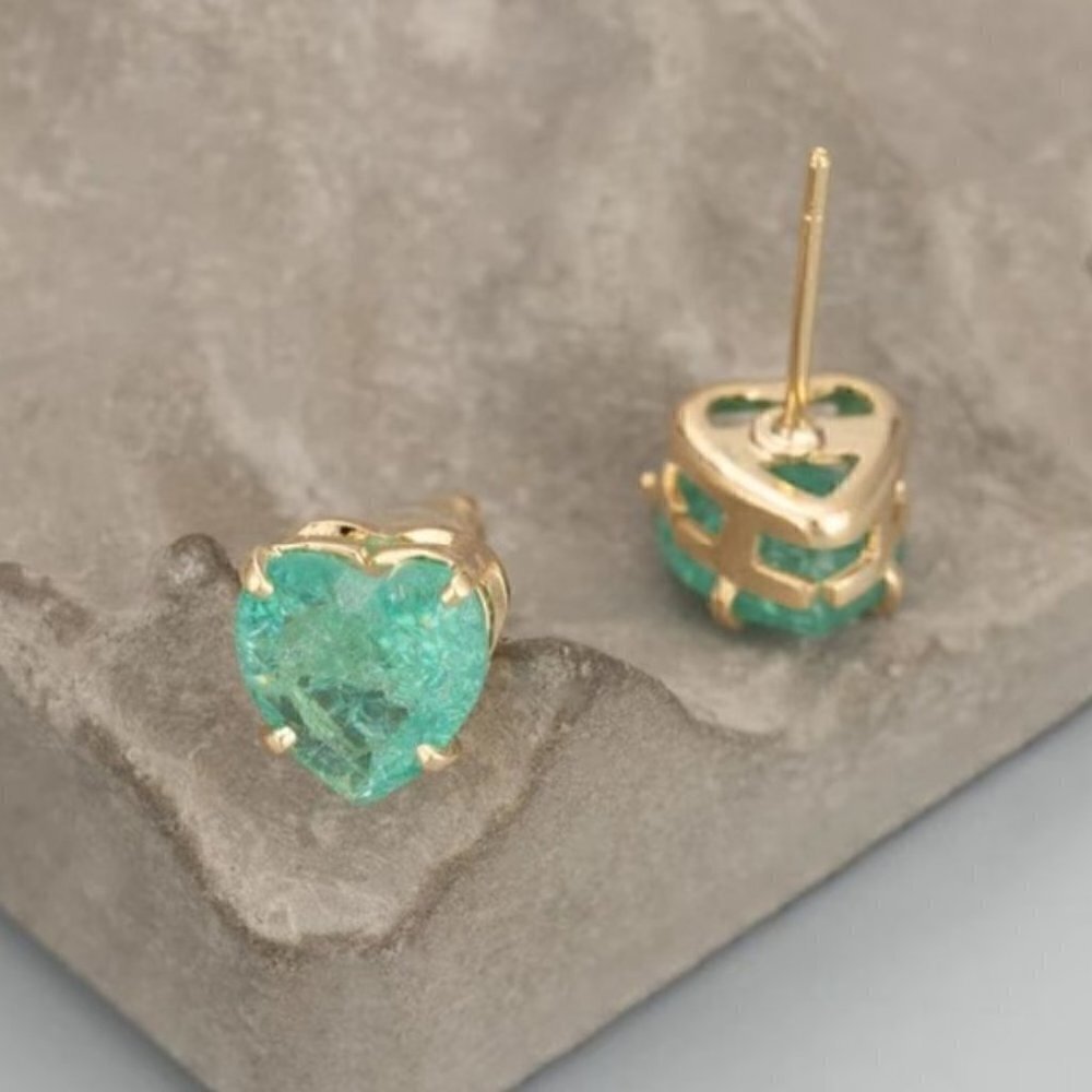 Gold Plated Cubic Zircon Dark Seafoam Heart Stud Earrings
